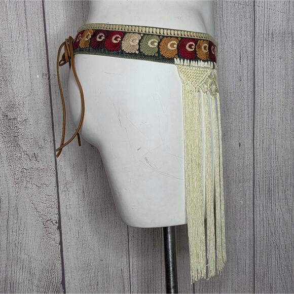 VTG 90s Y2K Boho Macrame Knot Fringed Reversible Embroidered & Denim Belt main image 4